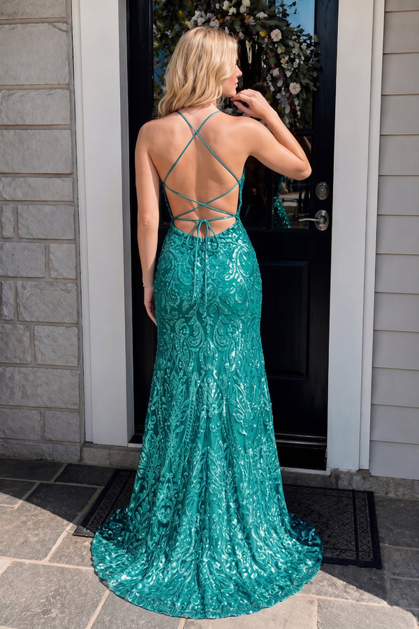 Mermaid Spaghetti Straps Blue Sequins Lace Long Prom Dresses with Slit