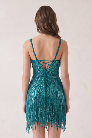 Teal Sheath V Neck Sequined Tassels Homecoming Dresses (2) | KISSPROM