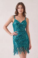Teal Sheath V Neck Sequined Tassels Homecoming Dresses | KISSPROM