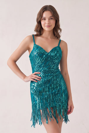 Teal Sheath V Neck Sequined Tassels Homecoming Dresses | KISSPROM