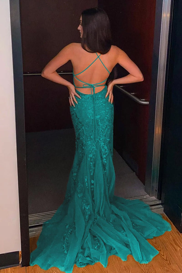 Mermaid Spaghetti Straps Lace Prom Dress, Teal / 6