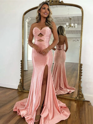 Telah | Glitter Mermaid Yellow Sweetheart Cut-out Long Prom Dress with Beading