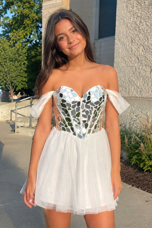 Temmie | White Off - the - Shoulder Short Party Dress with Cut Glass Mirrors - KissProm