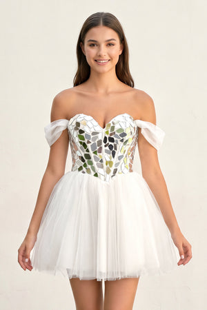 Temmie | White Off - the - Shoulder Short Party Dress with Cut Glass Mirrors - KissProm
