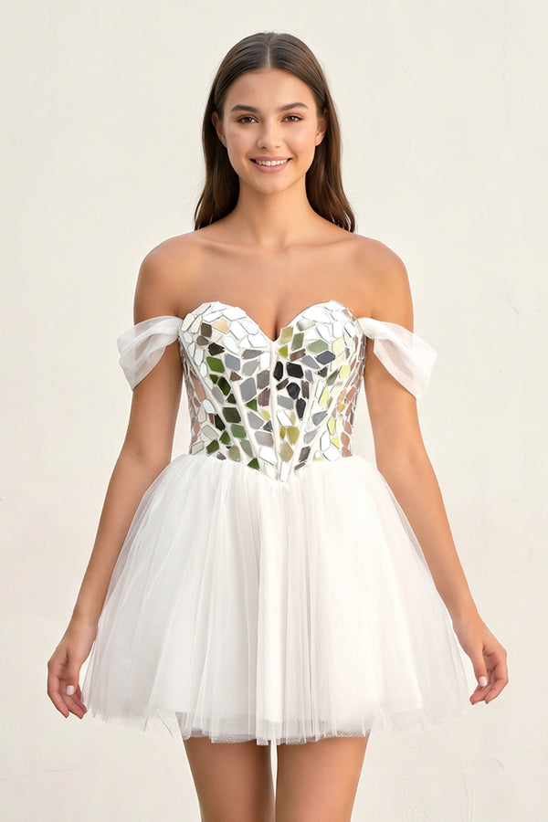 Temmie | White Off - the - Shoulder Short Party Dress with Cut Glass Mirrors - KissProm
