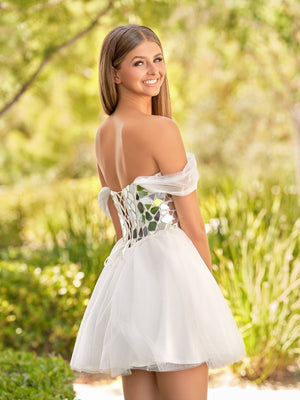 Temmie | White Off - the - Shoulder Short Party Dress with Cut Glass Mirrors - KissProm