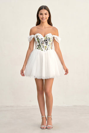 Temmie | White Off - the - Shoulder Short Party Dress with Cut Glass Mirrors - KissProm