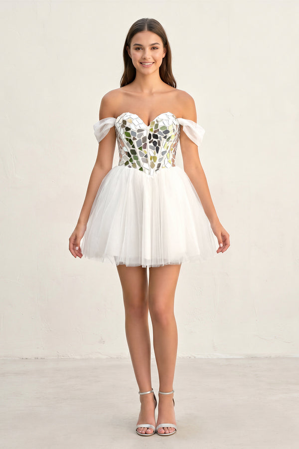 Temmie | White Off - the - Shoulder Short Party Dress with Cut Glass Mirrors - KissProm