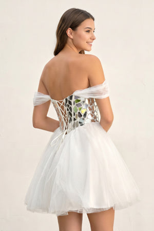 Temmie | White Off - the - Shoulder Short Party Dress with Cut Glass Mirrors - KissProm