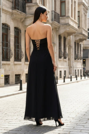 Black - Strapless Sheath Chiffon Ankle Length Prom Dress With Slit - KissProm