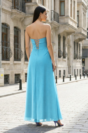 KissProm-Blue- Strapless Sheath Chiffon Ankle Length Prom Dress With Slit