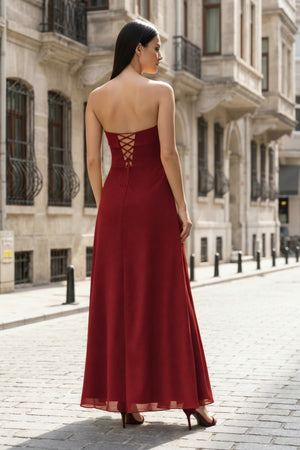 KissProm-Burgundy- Strapless Sheath Chiffon Ankle Length Prom Dress With Slit