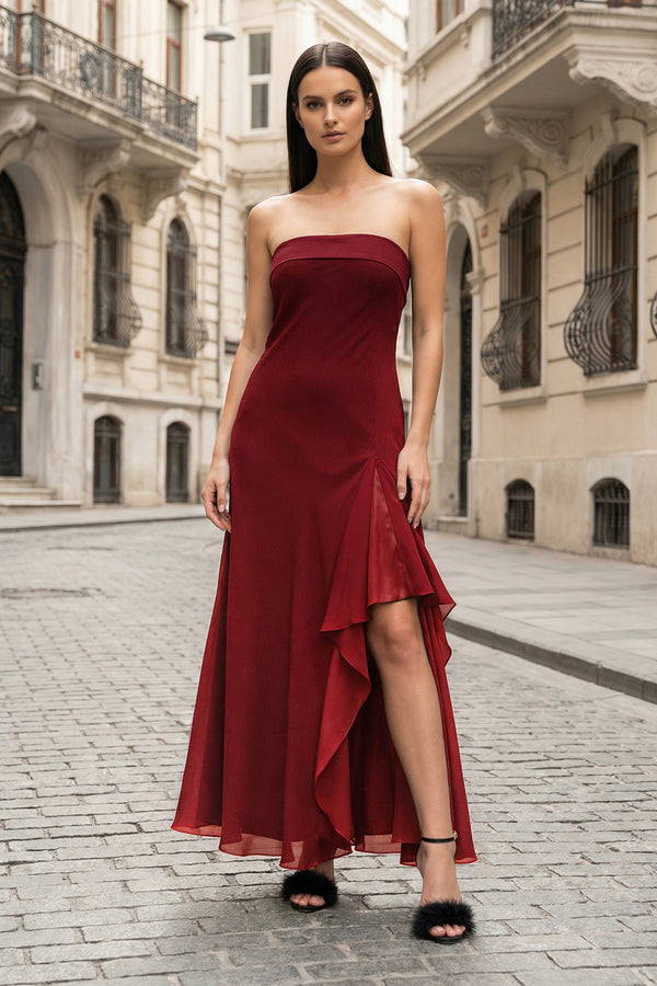 KissProm-Burgundy- Strapless Sheath Chiffon Ankle Length Prom Dress With Slit