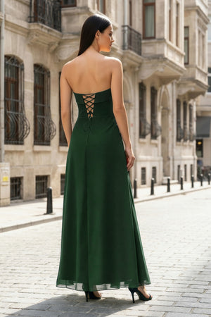 KissProm-Dark Green- Strapless Sheath Chiffon Ankle Length Prom Dress With Slit