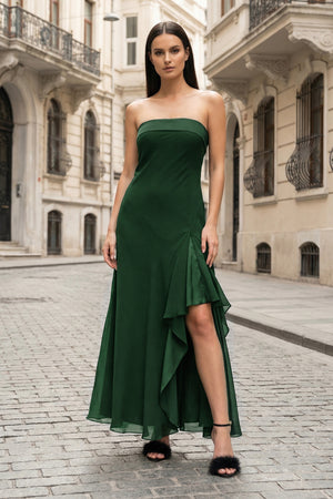 KissProm-Dark Green- Strapless Sheath Chiffon Ankle Length Prom Dress With Slit