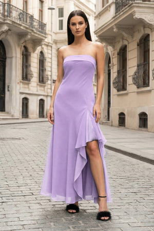 KissProm-Lavender- Strapless Sheath Chiffon Ankle Length Prom Dress With Slit