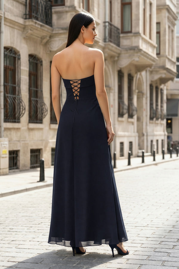 KissProm-Navy Blue- Strapless Sheath Chiffon Ankle Length Prom Dress With Slit