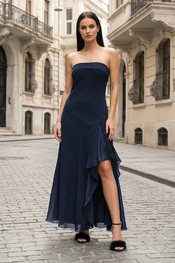 KissProm-Navy Blue- Strapless Sheath Chiffon Ankle Length Prom Dress With Slit