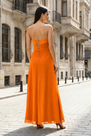 KissProm-Orange- Strapless Sheath Chiffon Ankle Length Prom Dress With Slit