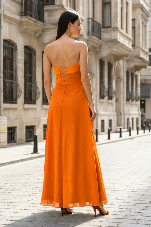 KissProm-Orange- Strapless Sheath Chiffon Ankle Length Prom Dress With Slit