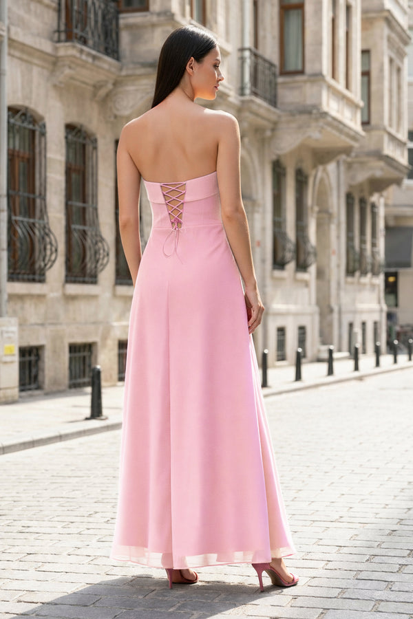 KissProm- Pink- Strapless Sheath Chiffon Ankle Length Prom Dress With Slit