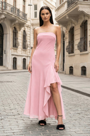 KissProm- Pink- Strapless Sheath Chiffon Ankle Length Prom Dress With Slit