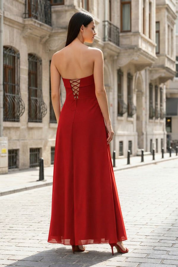 KissProm-Red- Strapless Sheath Chiffon Ankle Length Prom Dress With Slit