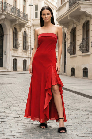 KissProm-Red- Strapless Sheath Chiffon Ankle Length Prom Dress With Slit