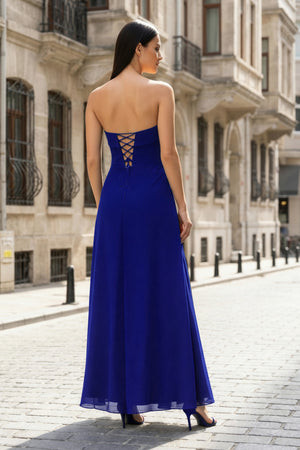KissProm-Royal Blue- Strapless Sheath Chiffon Ankle Length Prom Dress With Slit