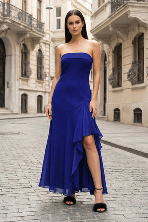KissProm-Royal Blue- Strapless Sheath Chiffon Ankle Length Prom Dress With Slit