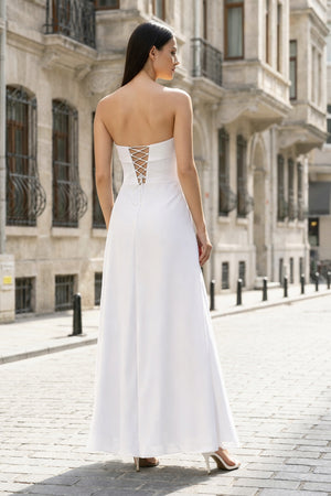 KissProm-White- Strapless Sheath Chiffon Ankle Length Prom Dress With Slit