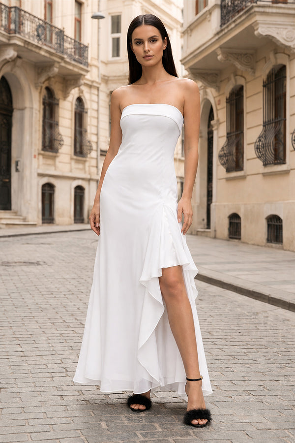 KissProm-White- Strapless Sheath Chiffon Ankle Length Prom Dress With Slit