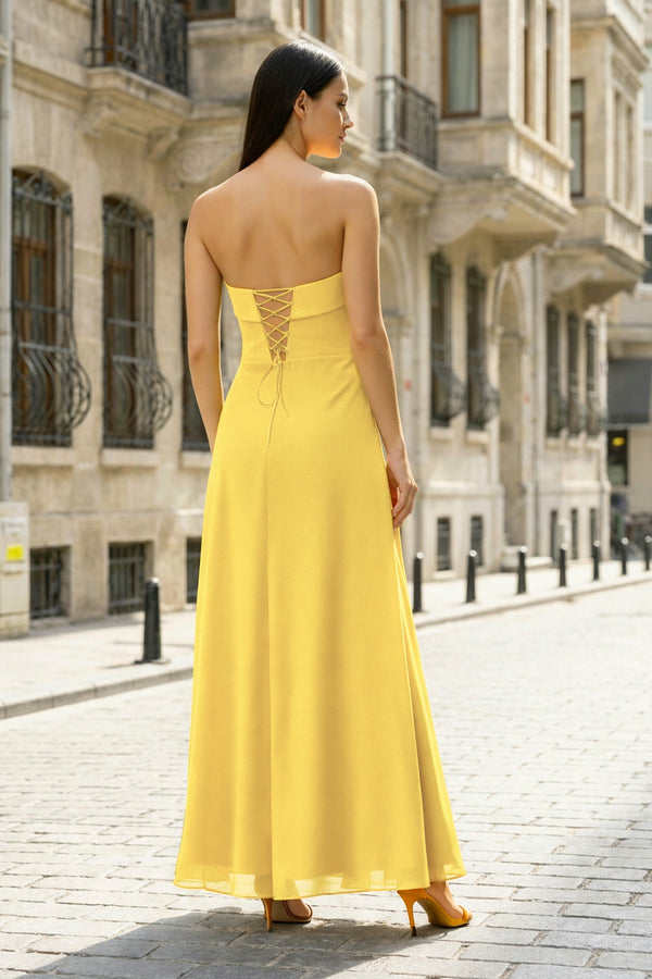 KissProm-Yellow- Strapless Sheath Chiffon Ankle Length Prom Dress With Slit