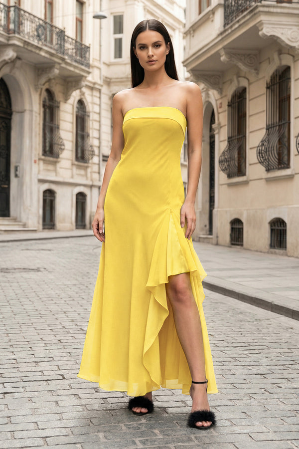 KissProm-Yellow- Strapless Sheath Chiffon Ankle Length Prom Dress With Slit