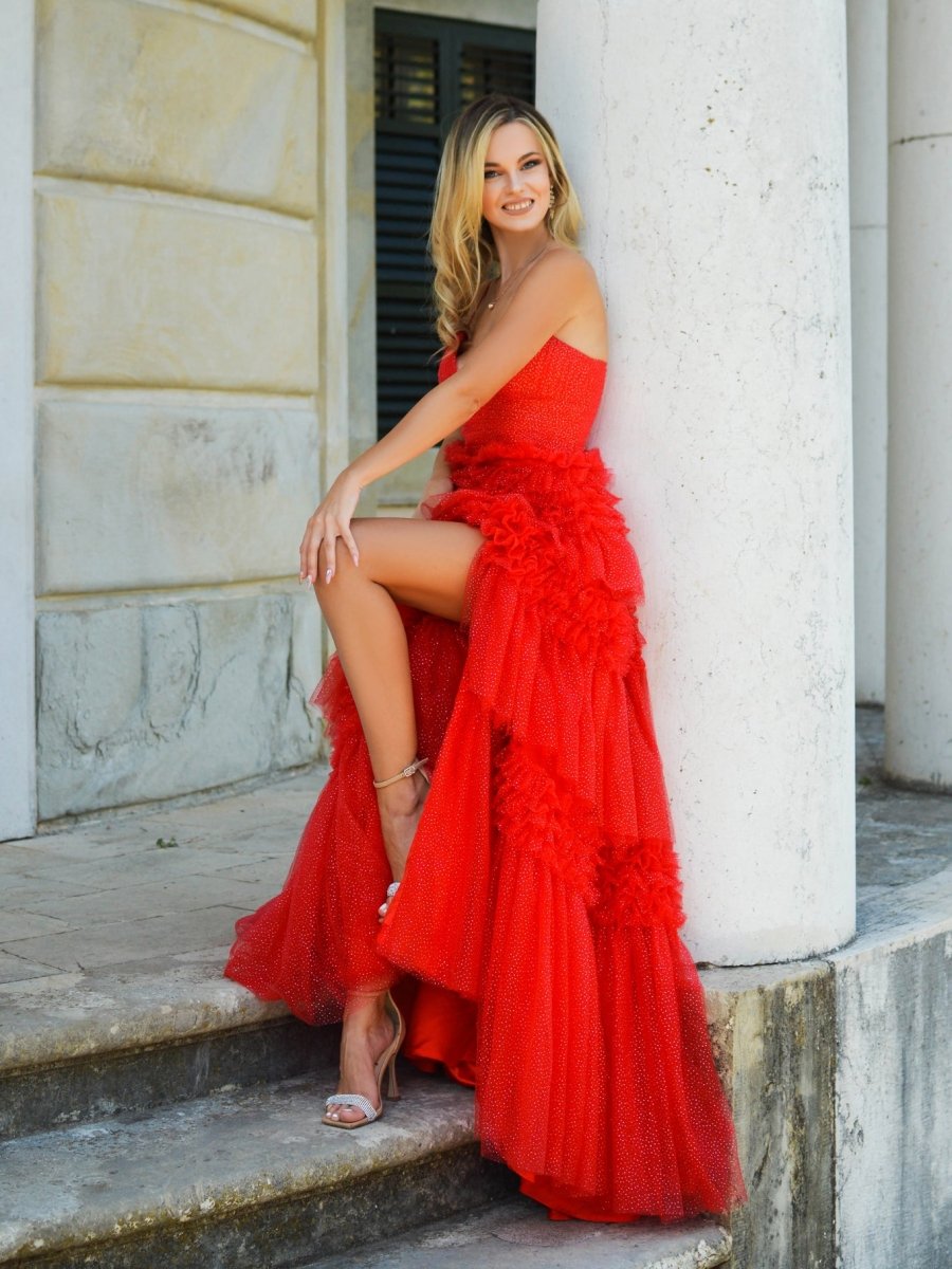Straps V Neck Red Layered Tulle Long Prom Dresses main image 1