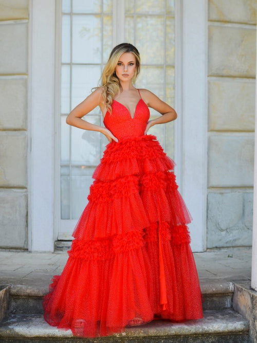 Deep V-neck Appliqued Corset Tulle Lace Maxi Prom Dresses Red main image 1