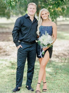 Theodie | Black - Scoop Neck Satin Short Homecoming Dresses With Beadings