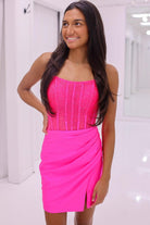 Theodie | Fuchsia - Scoop Neck Satin Short Homecoming Dresses With Beadings