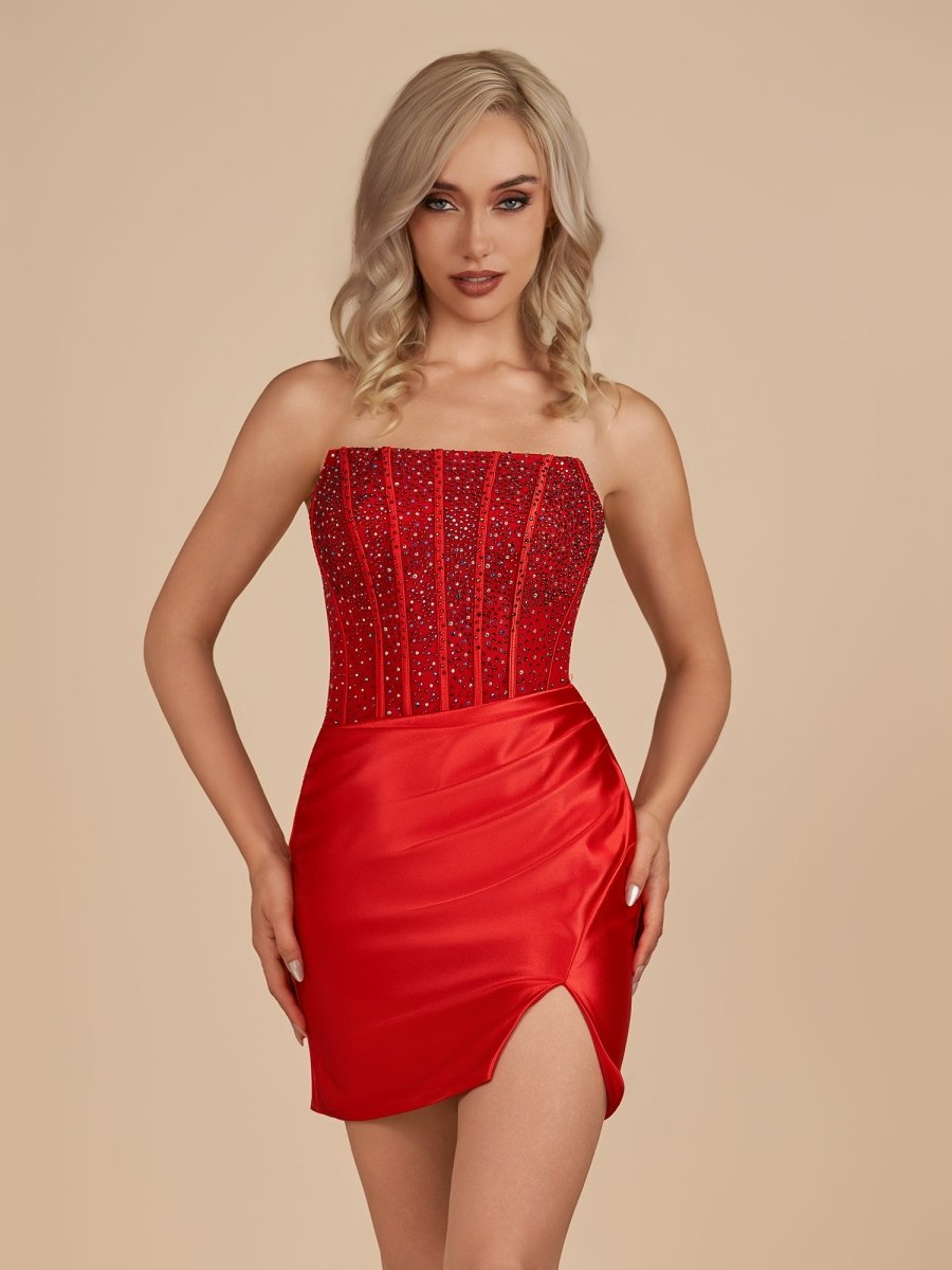 Theodie | Red - Scoop Neck Satin Short Homecoming Dresses With Beadings