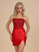 Theodie | Red - Scoop Neck Satin Short Homecoming Dresses With Beadings