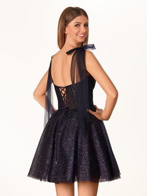 Tie Shoulder White Spraying A-Line Short Party Dress - KissProm