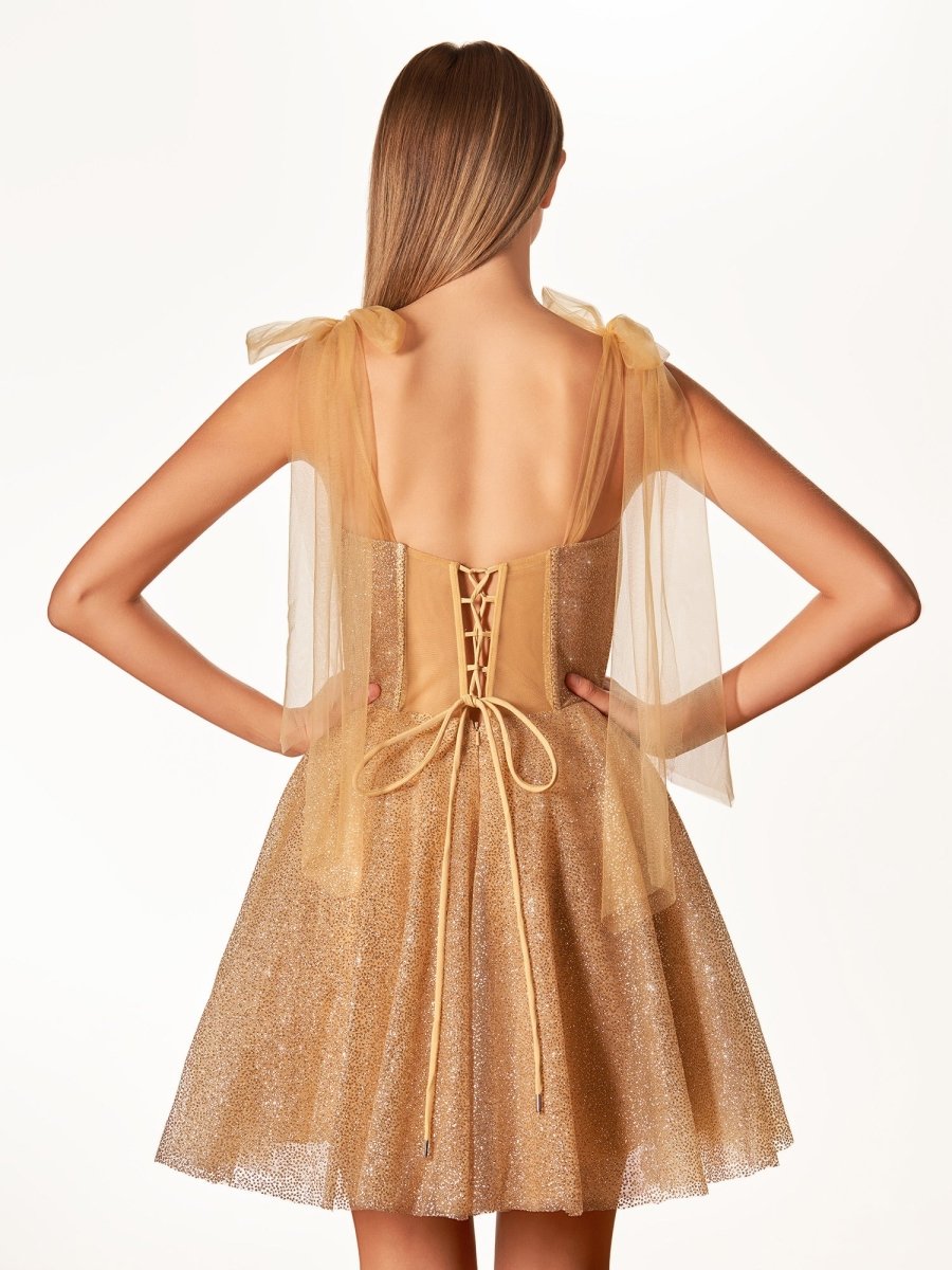 Tie Shoulder White Spraying A-Line Short Party Dress Champagne / 12 Tie Shoulder White Spraying A-Line Short Party Dress Champagne / 12