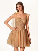 Tie Shoulder White Spraying A-Line Short Party Dress - KissProm
