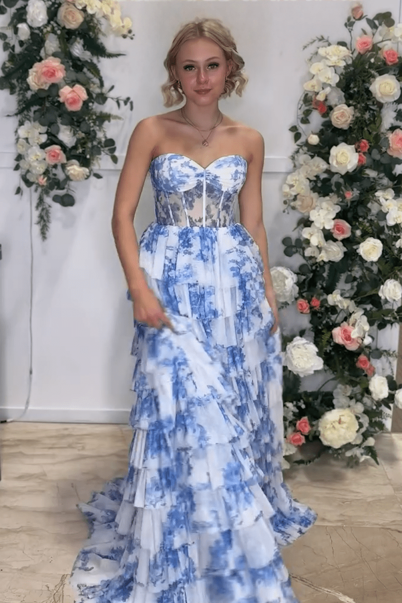 Stunning A Line Sweetheart Blue Printed Corset Prom Dress with Beading Ruffles