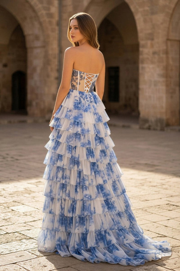 Blue Floral Printed Sweetheart Chiffon Tiered A - Line Long Corset Prom Dress - KissProm