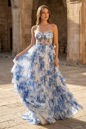 Blue Floral Printed Sweetheart Chiffon Tiered A - Line Long Corset Prom Dress - KissProm