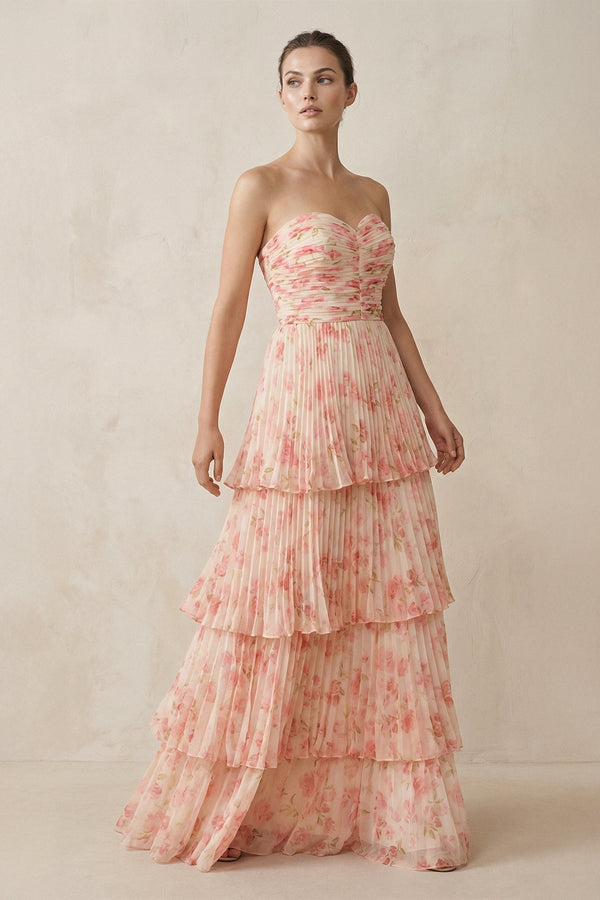 KissProm Tiered A-Line Pleated Chiffon Maxi Bridesmaid Dress in Pink Fern Floral, Pink Floral / M