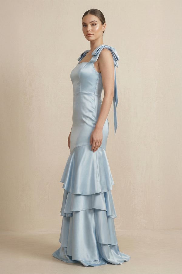 Tiered Maxi Satin Bridesmaid Dress with Bow Straps - KissProm Bridesmaid Dresses
