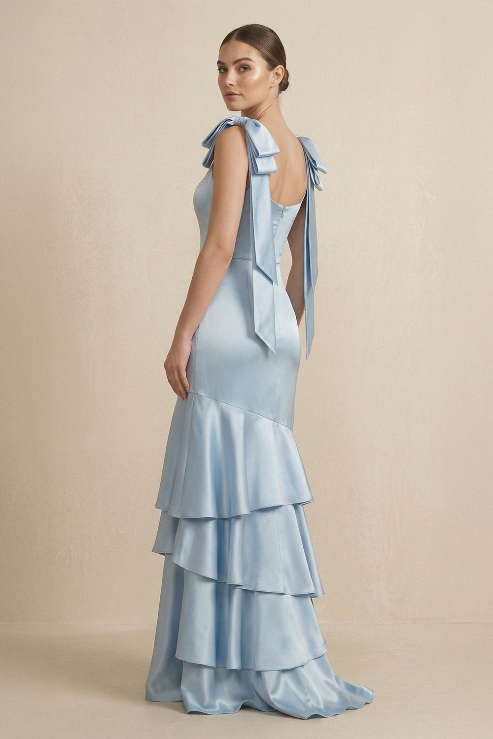 Tiered Maxi Satin Bridesmaid Dress with Bow Straps - KissProm Bridesmaid Dresses
