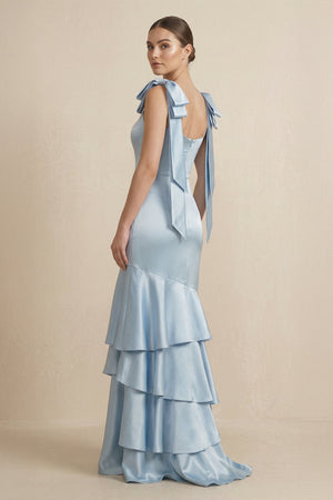 Tiered Maxi Satin Bridesmaid Dress with Bow Straps - KissProm Bridesmaid Dresses